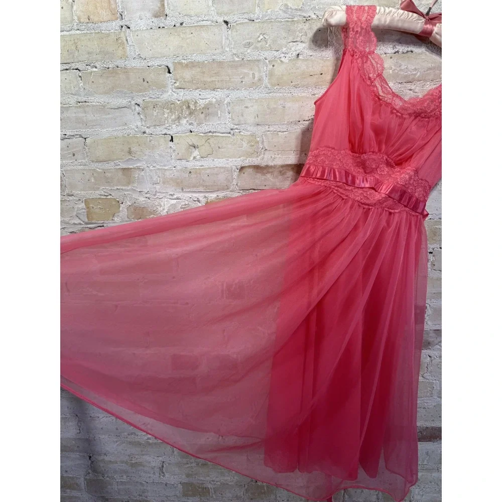 Pink Chiffon Nightgown Peignoir Robe Barbie Ballerina Sissy Coquette Vintage 60s - Picture 3 of 15